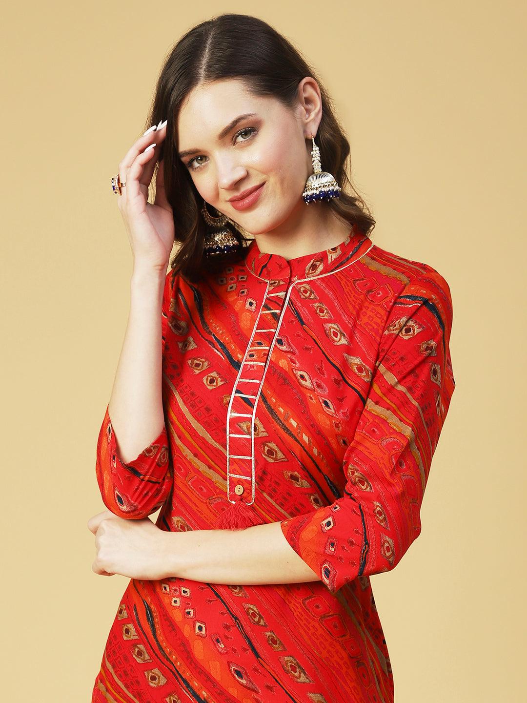 Ethnic Printed Straight Fit Kurta - Red - Indiakreations