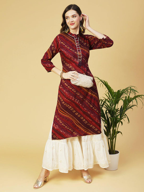 Ethnic Printed Straight Fit Kurta - Purple - Indiakreations