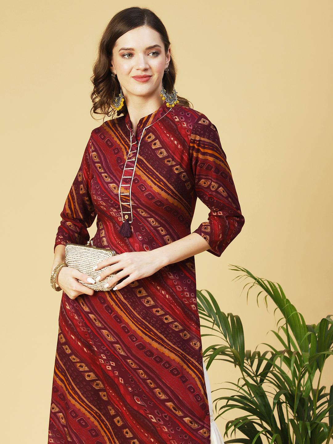 Ethnic Printed Straight Fit Kurta - Purple - Indiakreations