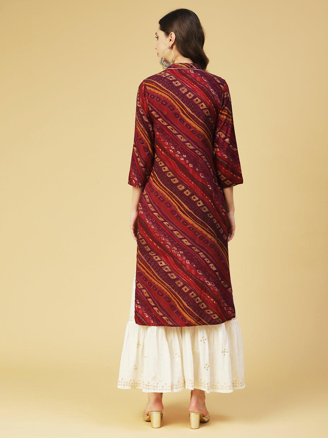 Ethnic Printed Straight Fit Kurta - Purple - Indiakreations