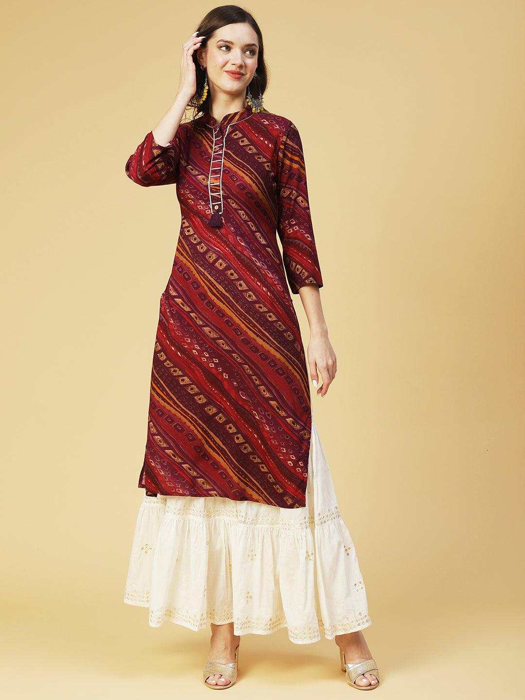 Ethnic Printed Straight Fit Kurta - Purple - Indiakreations