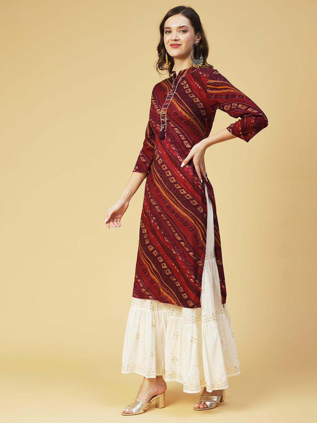 Ethnic Printed Straight Fit Kurta - Purple - Indiakreations