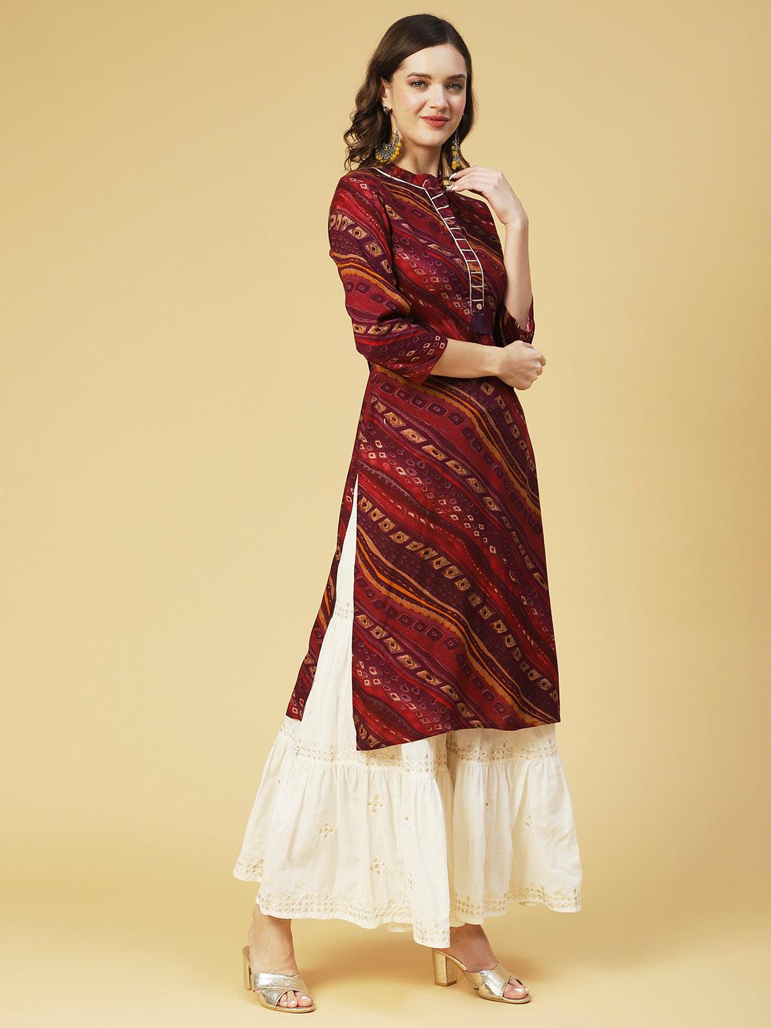 Ethnic Printed Straight Fit Kurta - Purple - Indiakreations