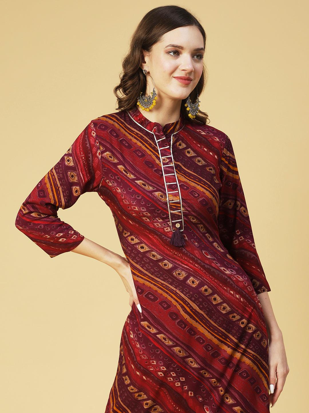 Ethnic Printed Straight Fit Kurta - Purple - Indiakreations