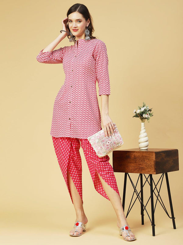 Chevron Printed Straight Kurta with Dhoti Pant - Pink - Indiakreations