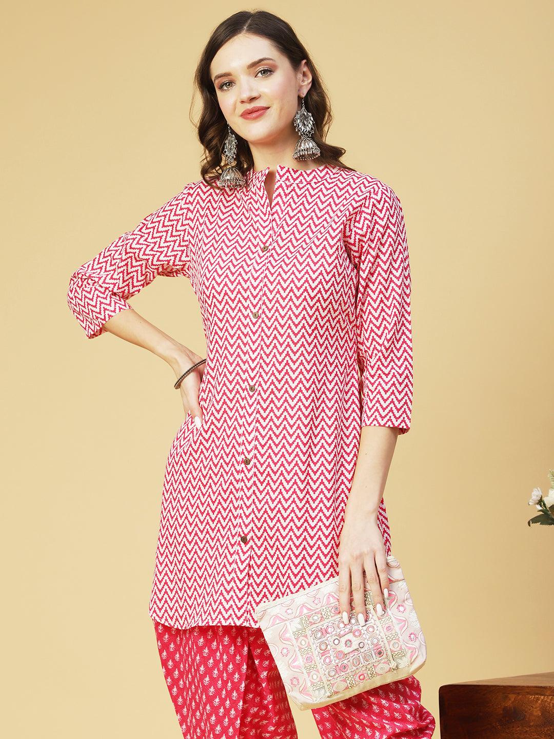 Chevron Printed Straight Kurta with Dhoti Pant - Pink - Indiakreations