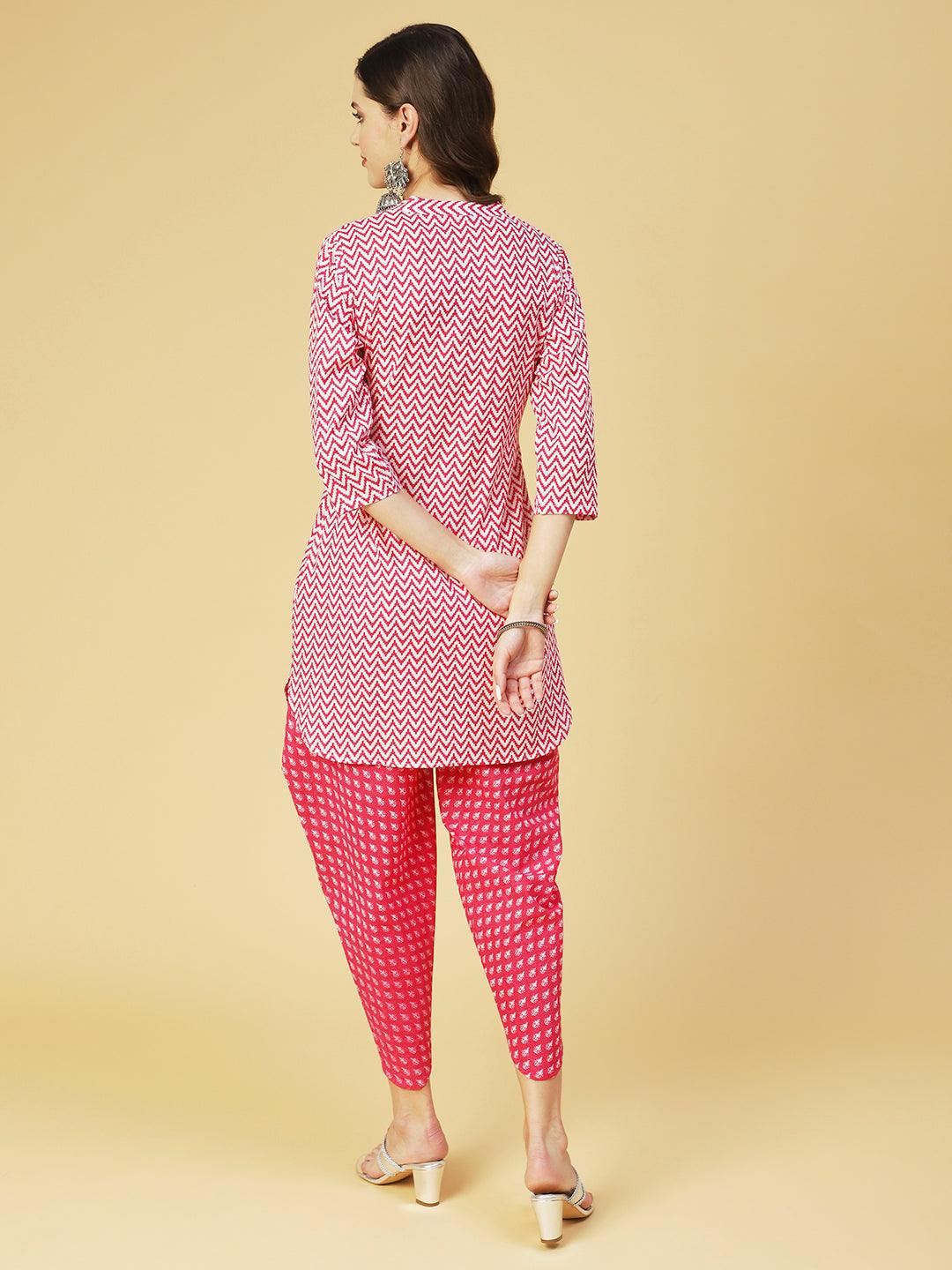 Chevron Printed Straight Kurta with Dhoti Pant - Pink - Indiakreations