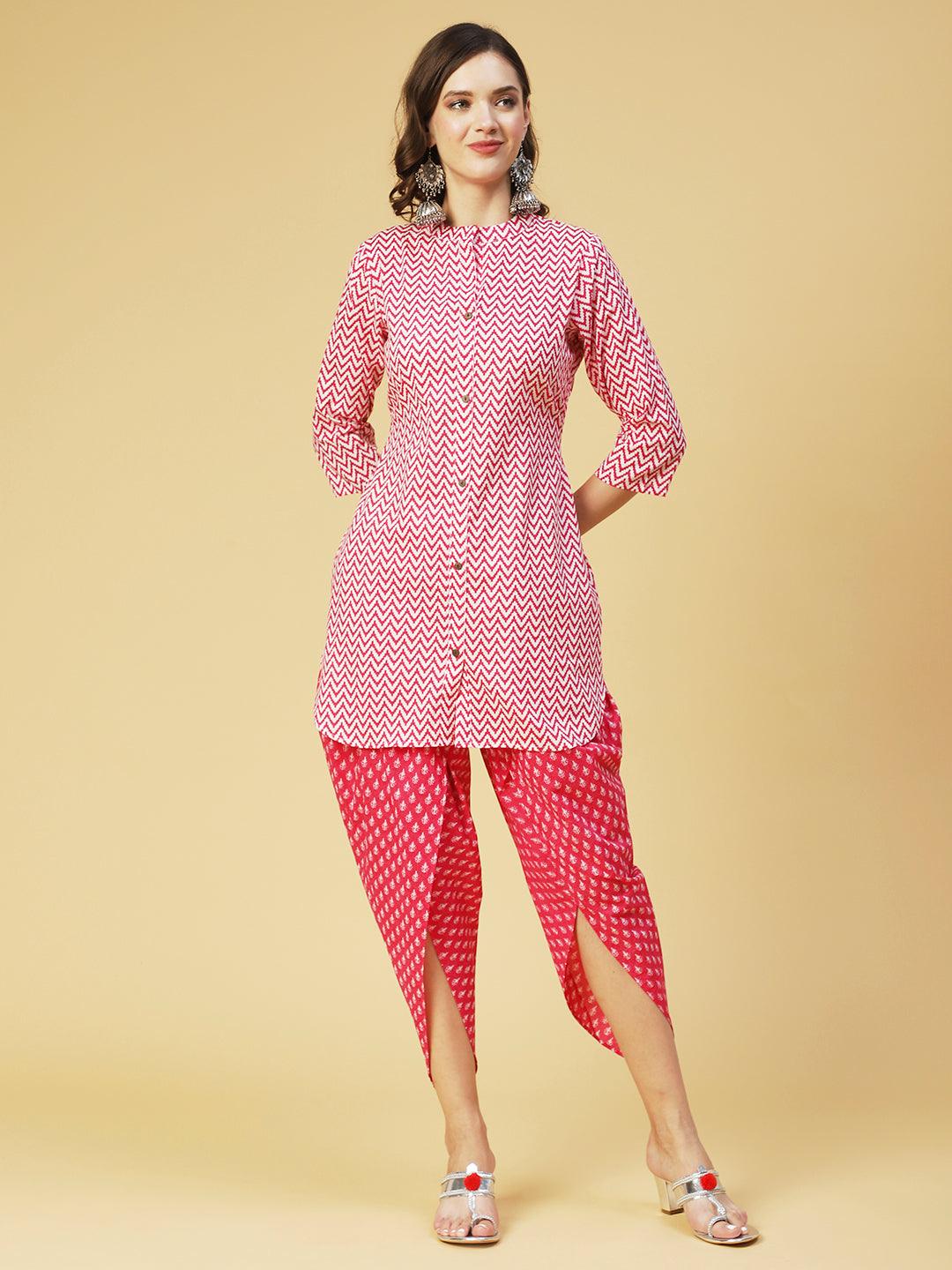 Chevron Printed Straight Kurta with Dhoti Pant - Pink - Indiakreations