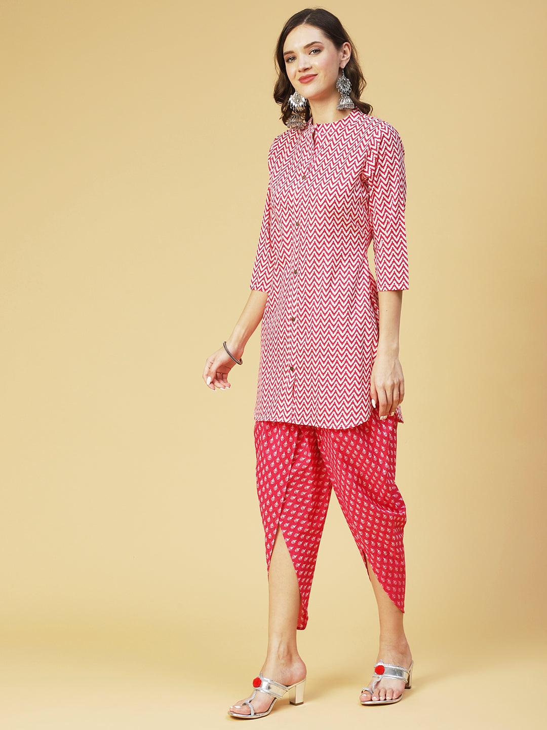 Chevron Printed Straight Kurta with Dhoti Pant - Pink - Indiakreations