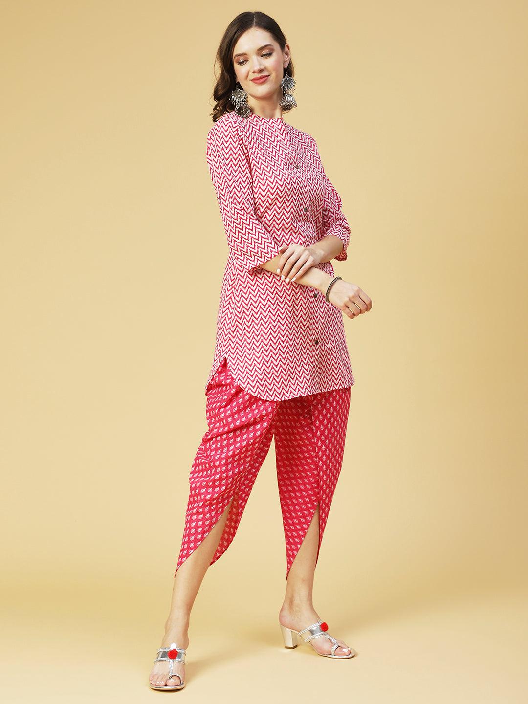 Chevron Printed Straight Kurta with Dhoti Pant - Pink - Indiakreations