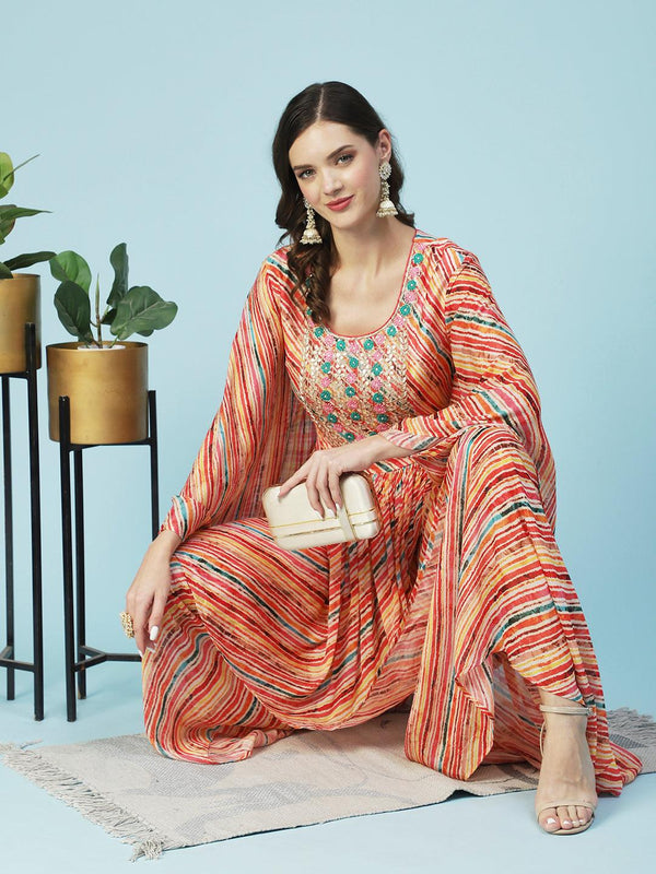 Lehriya Printed & Hand Embroidered Kurta with Sharara - Multi - Indiakreations