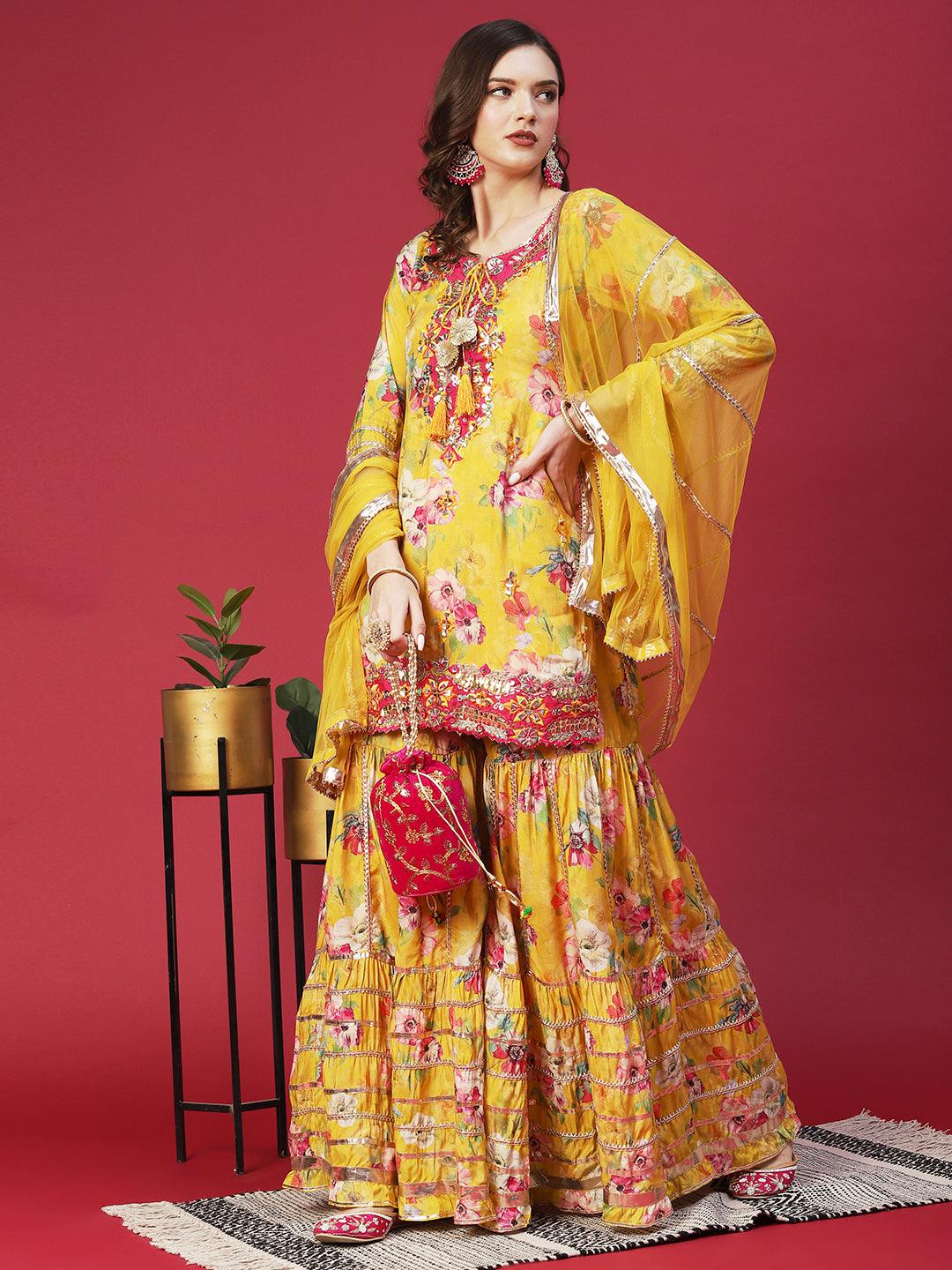 Floral Printed & Hand Embroidered Kurta with Sharara & Dupatta - Yellow - Indiakreations