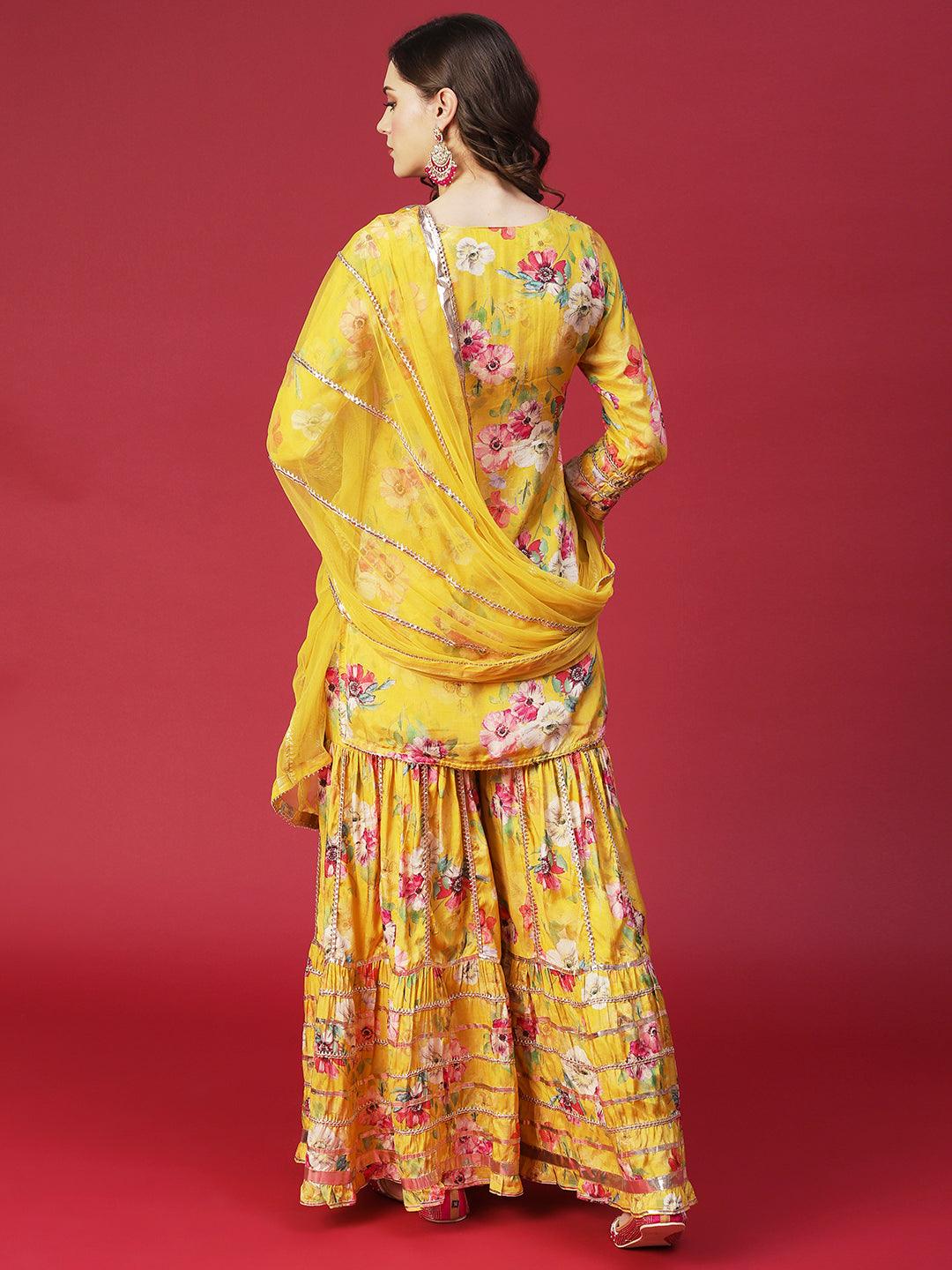 Floral Printed & Hand Embroidered Kurta with Sharara & Dupatta - Yellow - Indiakreations