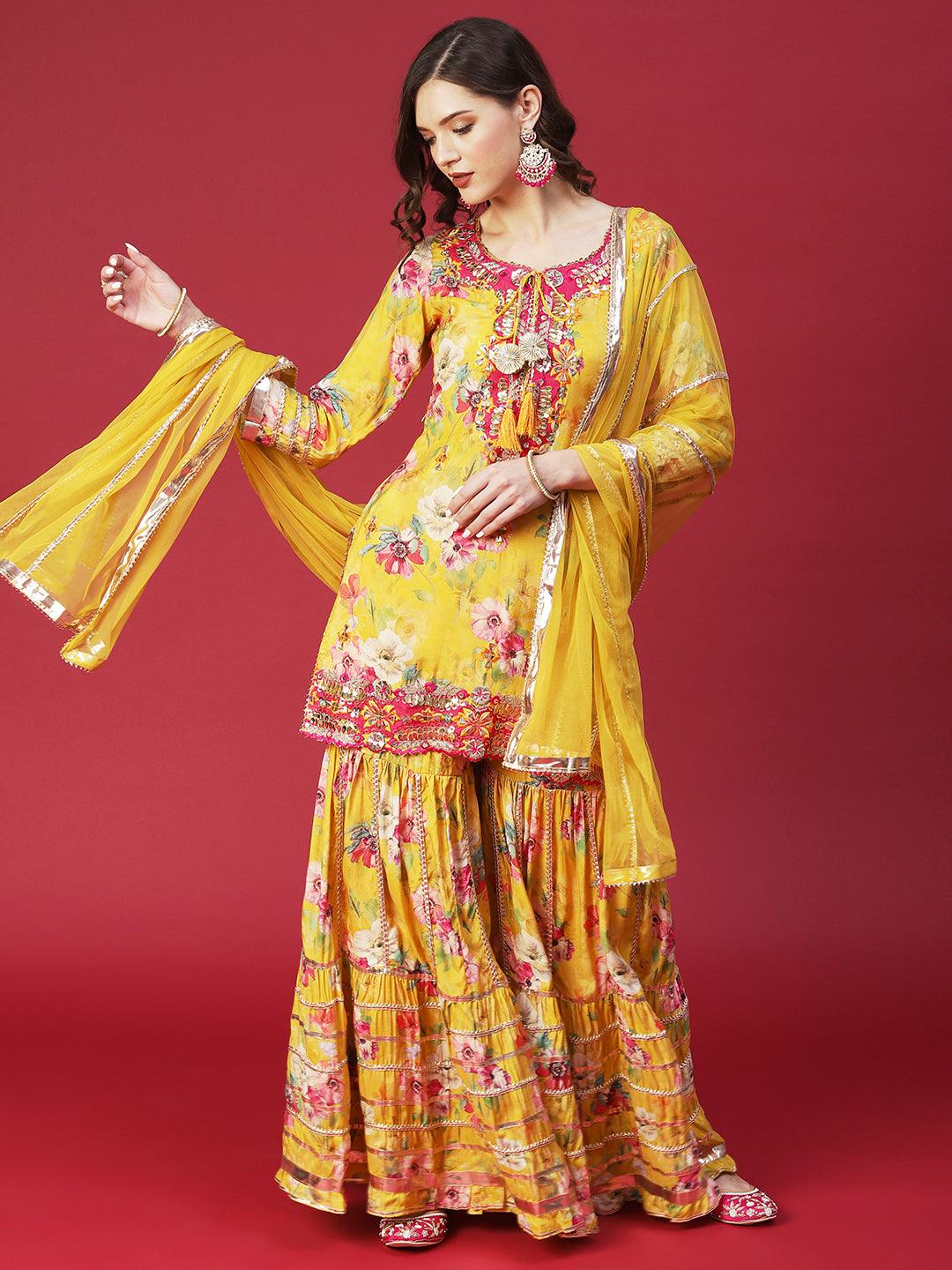 Floral Printed & Hand Embroidered Kurta with Sharara & Dupatta - Yellow - Indiakreations