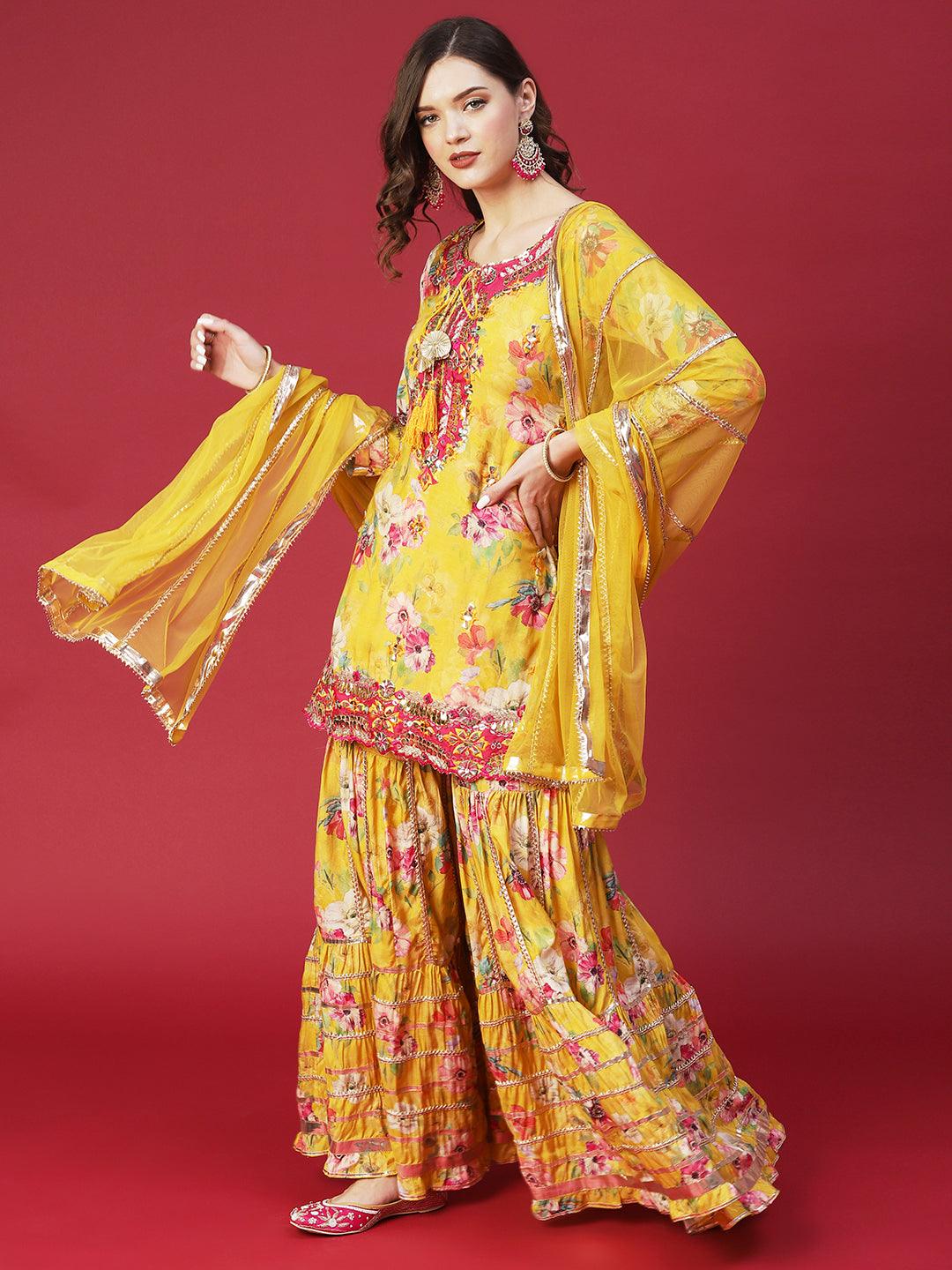 Floral Printed & Hand Embroidered Kurta with Sharara & Dupatta - Yellow - Indiakreations