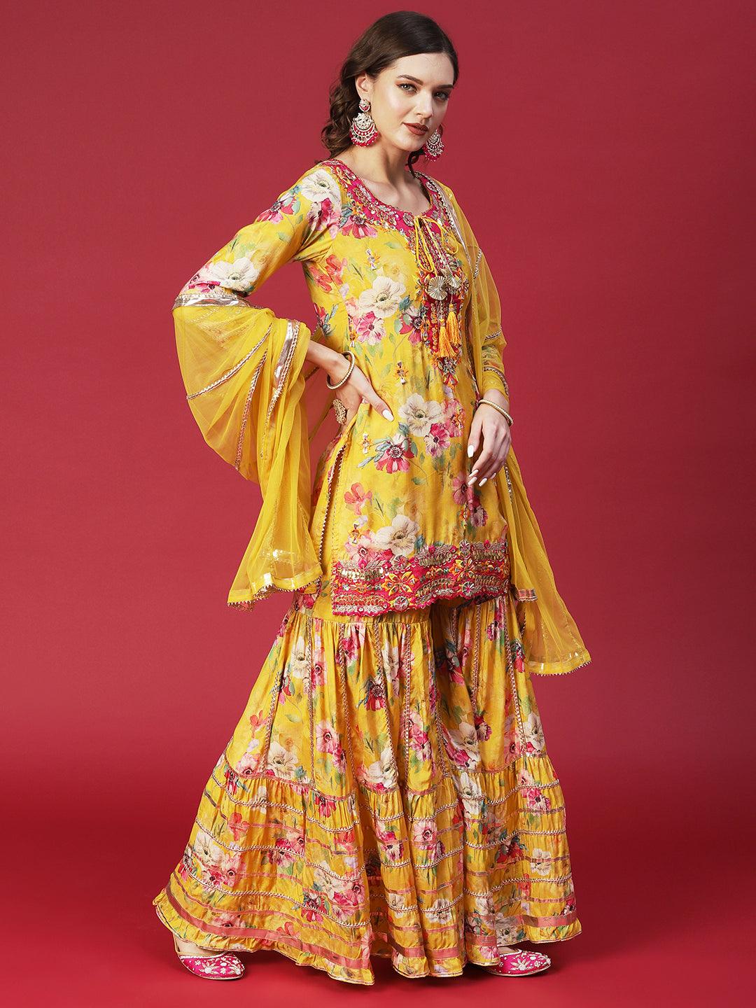 Floral Printed & Hand Embroidered Kurta with Sharara & Dupatta - Yellow - Indiakreations