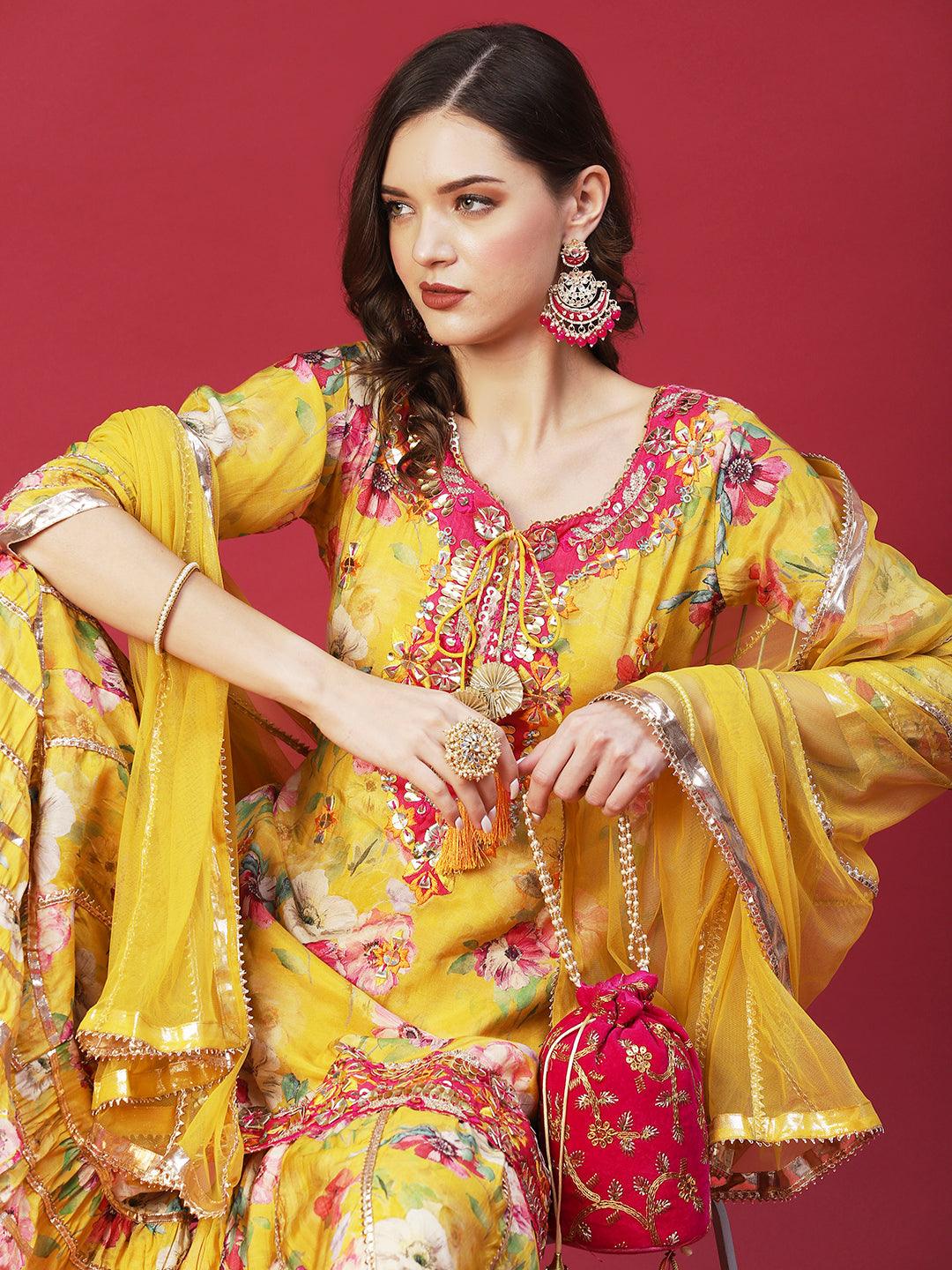 Floral Printed & Hand Embroidered Kurta with Sharara & Dupatta - Yellow - Indiakreations