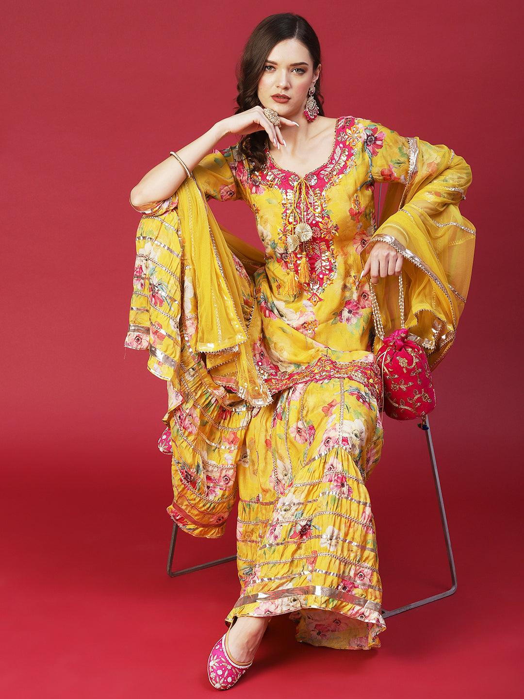 Floral Printed & Hand Embroidered Kurta with Sharara & Dupatta - Yellow - Indiakreations