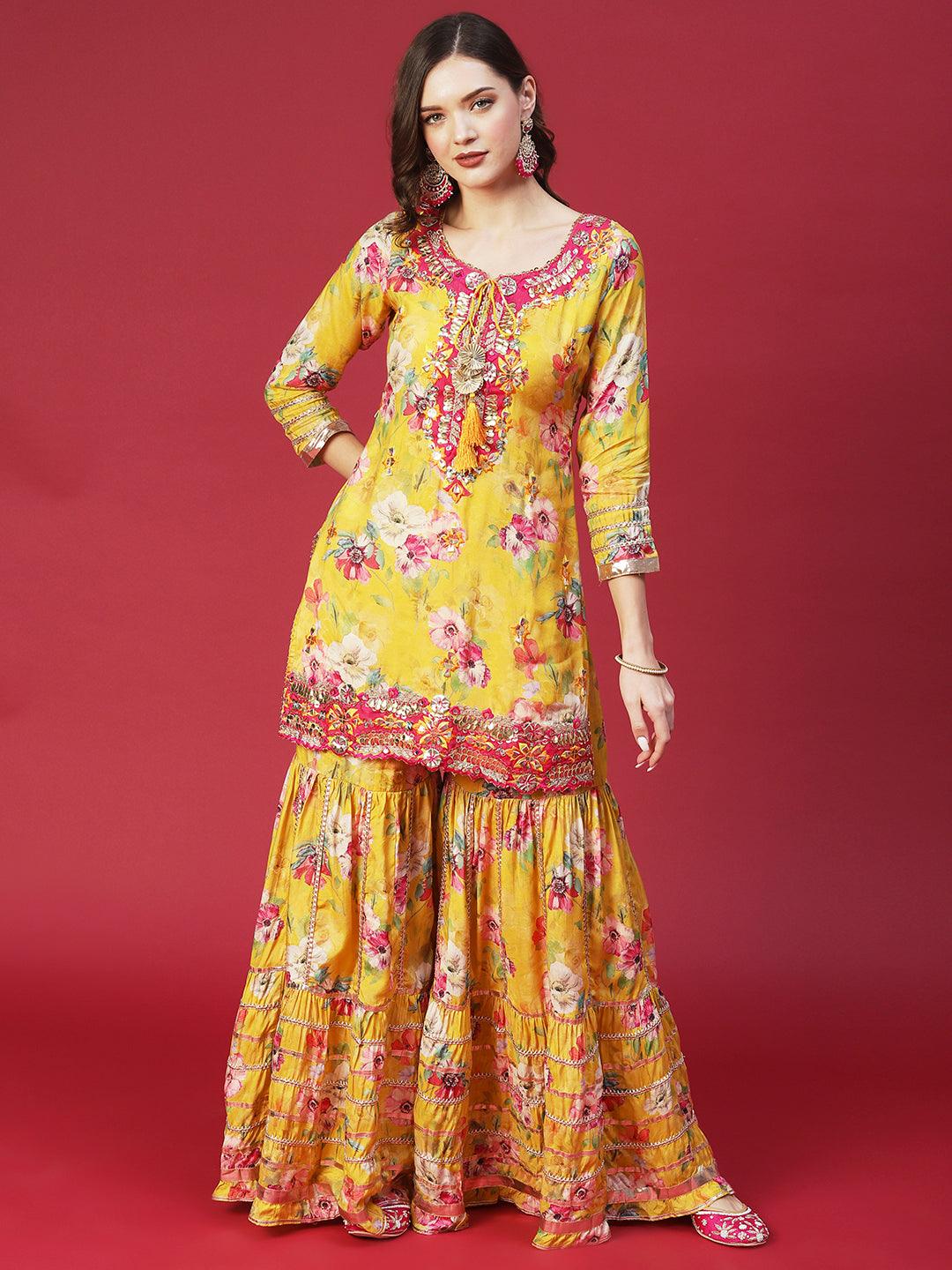 Floral Printed & Hand Embroidered Kurta with Sharara & Dupatta - Yellow - Indiakreations