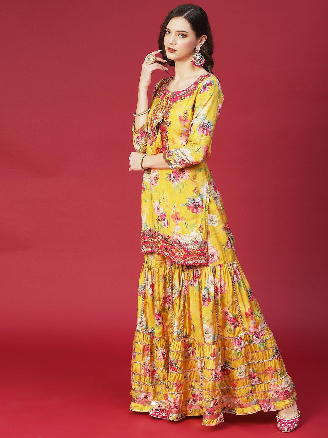 Floral Printed & Hand Embroidered Kurta with Sharara & Dupatta - Yellow - Indiakreations