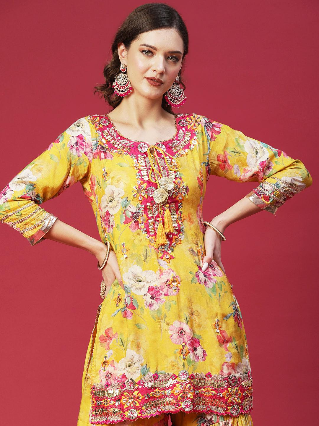 Floral Printed & Hand Embroidered Kurta with Sharara & Dupatta - Yellow - Indiakreations