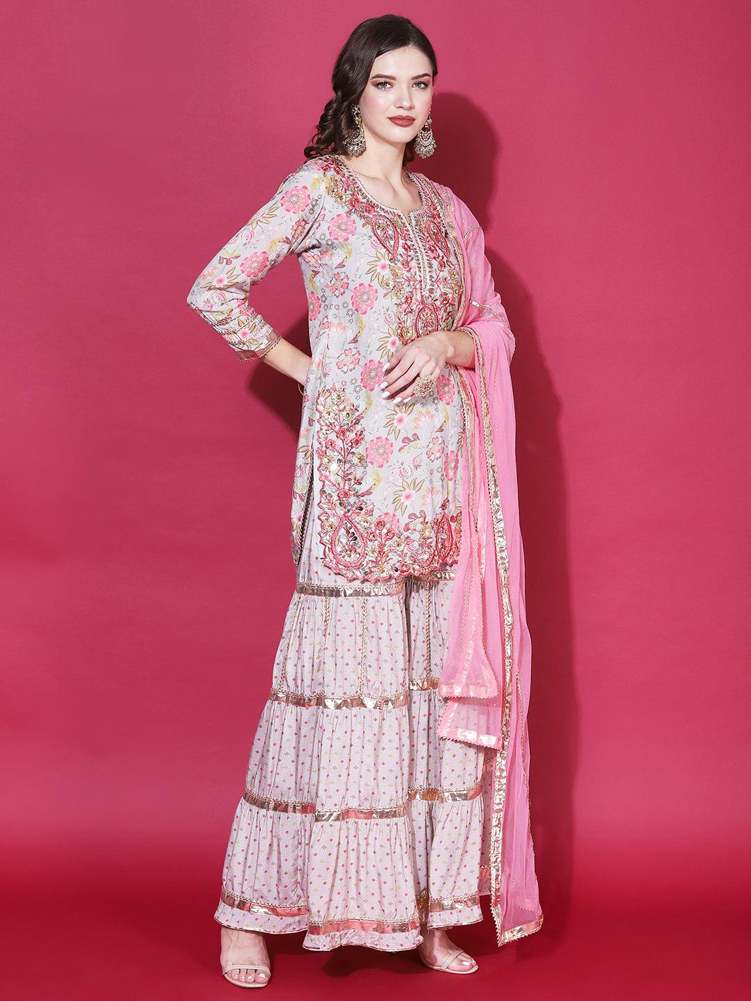 Floral Printed & Embroidered Straight Kurta with Sharara & Dupatta - Grey - Indiakreations