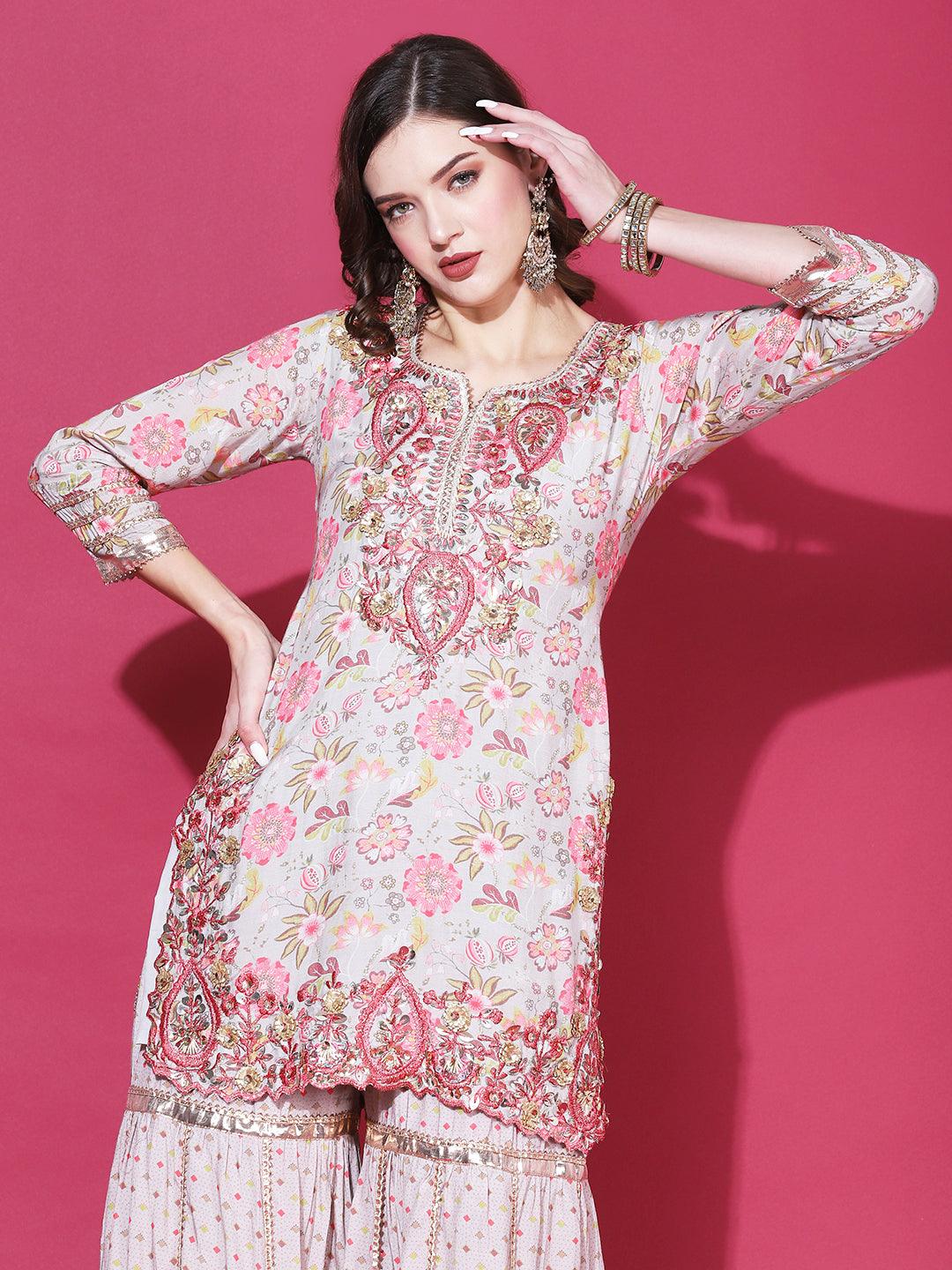 Floral Printed & Embroidered Straight Kurta with Sharara & Dupatta - Grey - Indiakreations