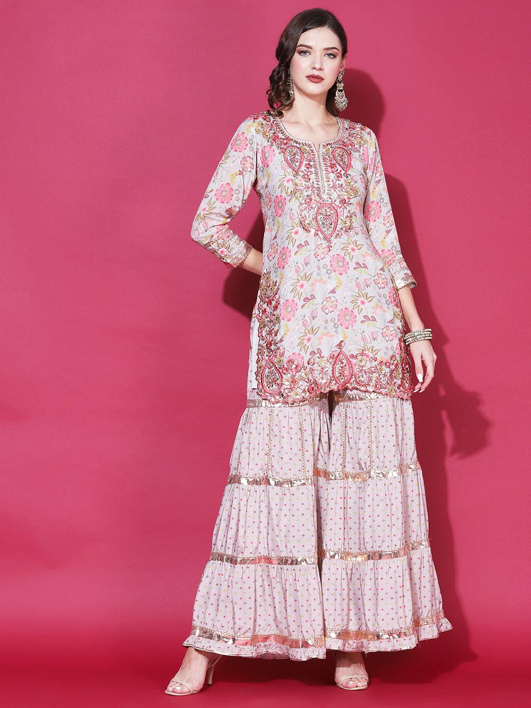 Floral Printed & Embroidered Straight Kurta with Sharara & Dupatta - Grey - Indiakreations