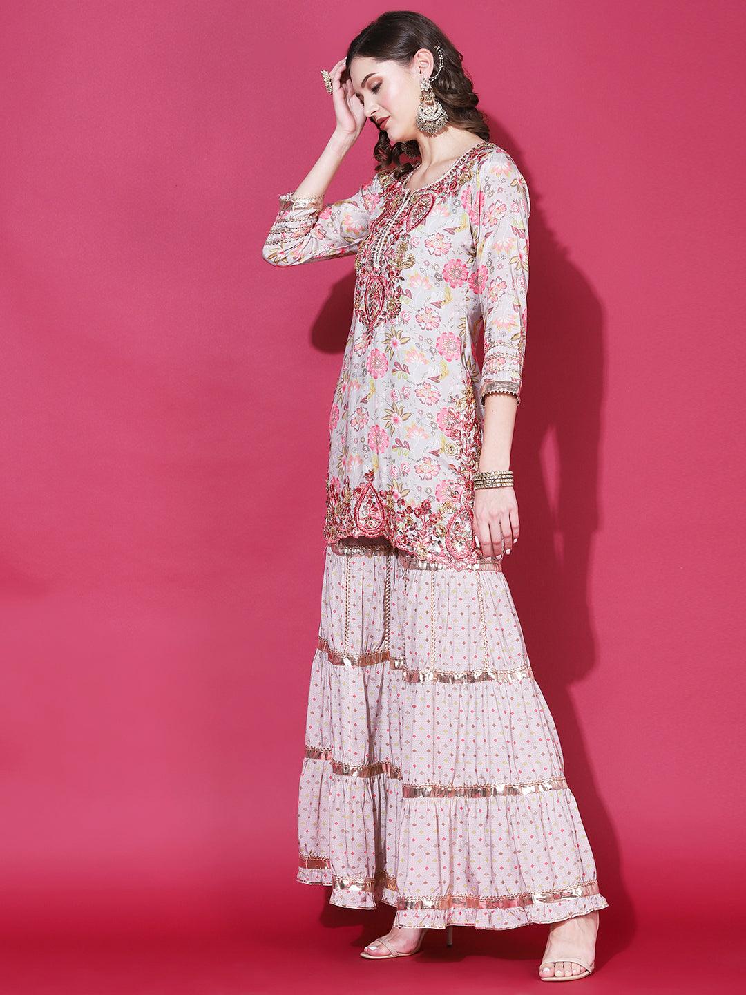 Floral Printed & Embroidered Straight Kurta with Sharara & Dupatta - Grey - Indiakreations