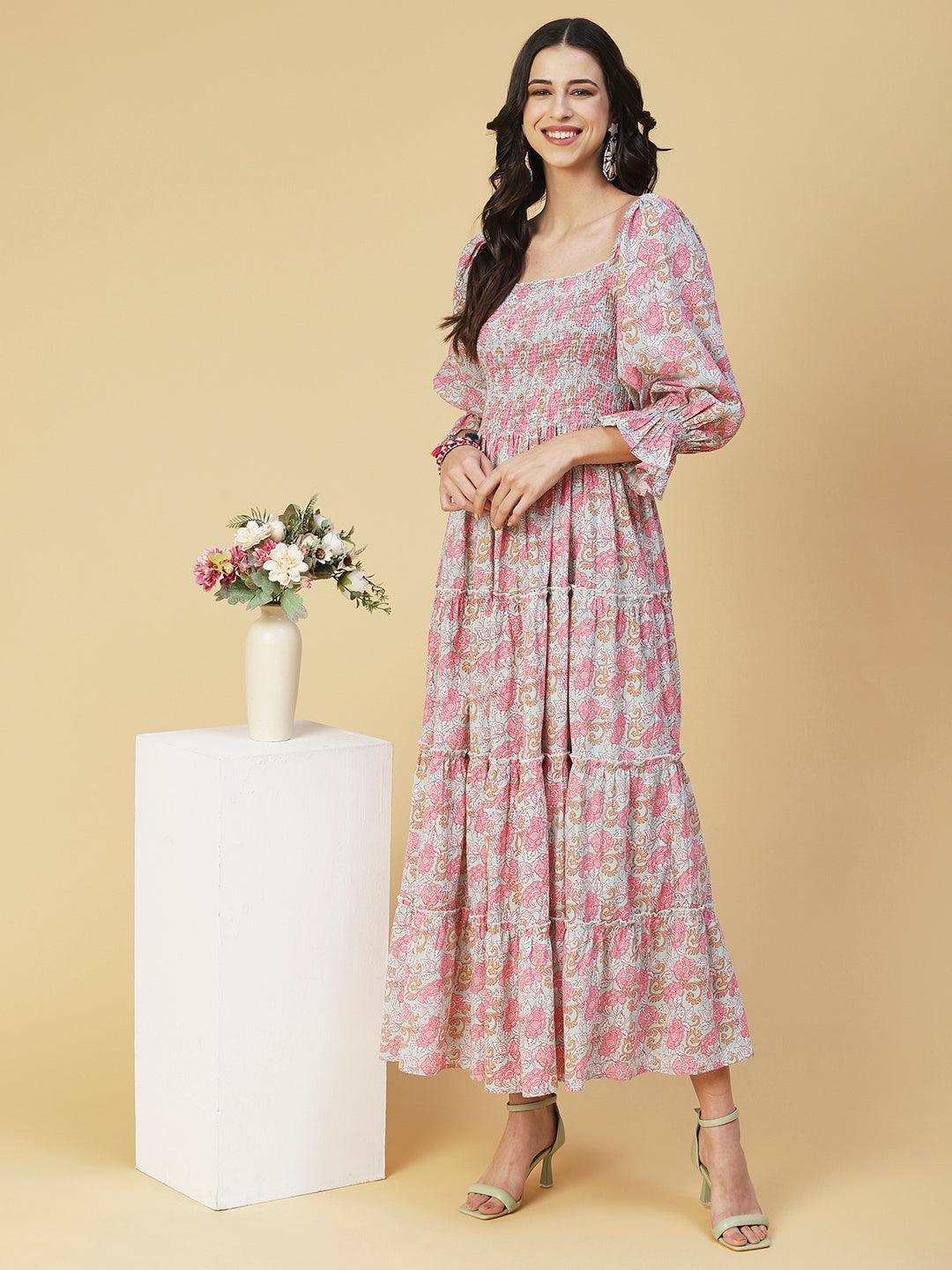 Floral Printed Smocked Bishop Sleeves Dress - Rose - Indiakreations