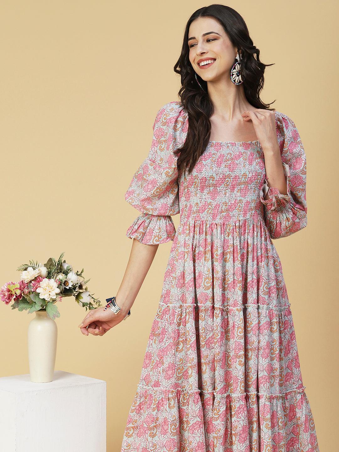 Floral Printed Smocked Bishop Sleeves Dress - Rose - Indiakreations