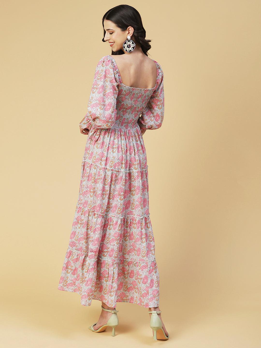 Floral Printed Smocked Bishop Sleeves Dress - Rose - Indiakreations