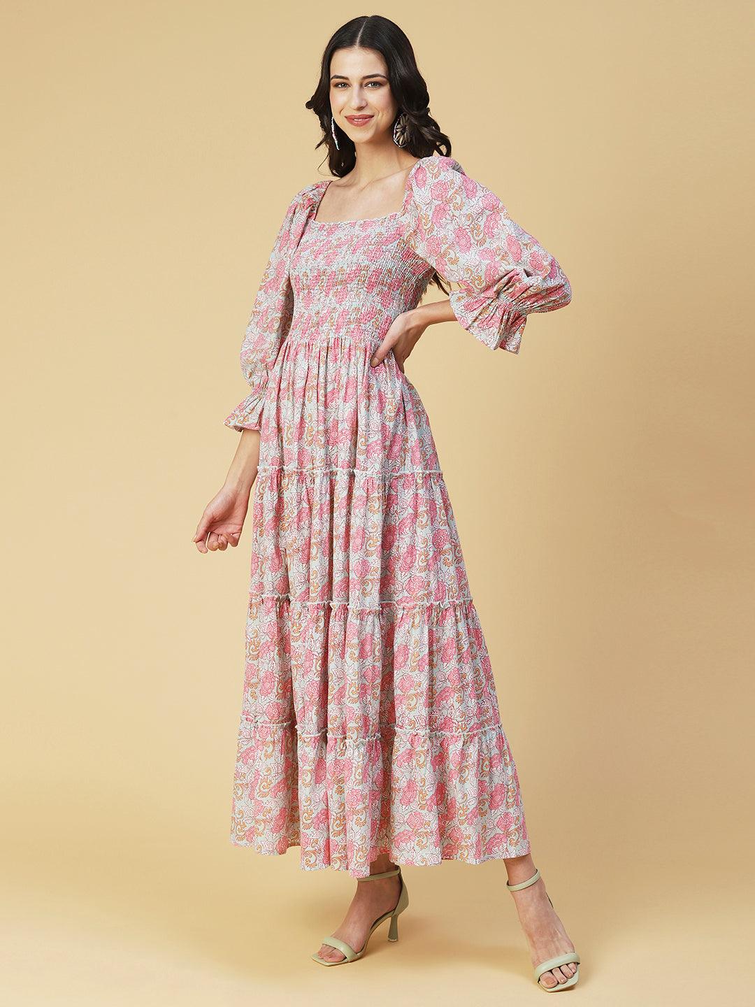 Floral Printed Smocked Bishop Sleeves Dress - Rose - Indiakreations