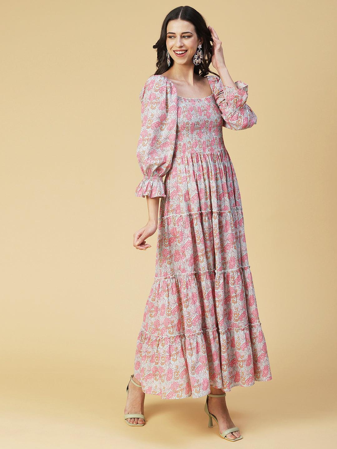 Floral Printed Smocked Bishop Sleeves Dress - Rose - Indiakreations