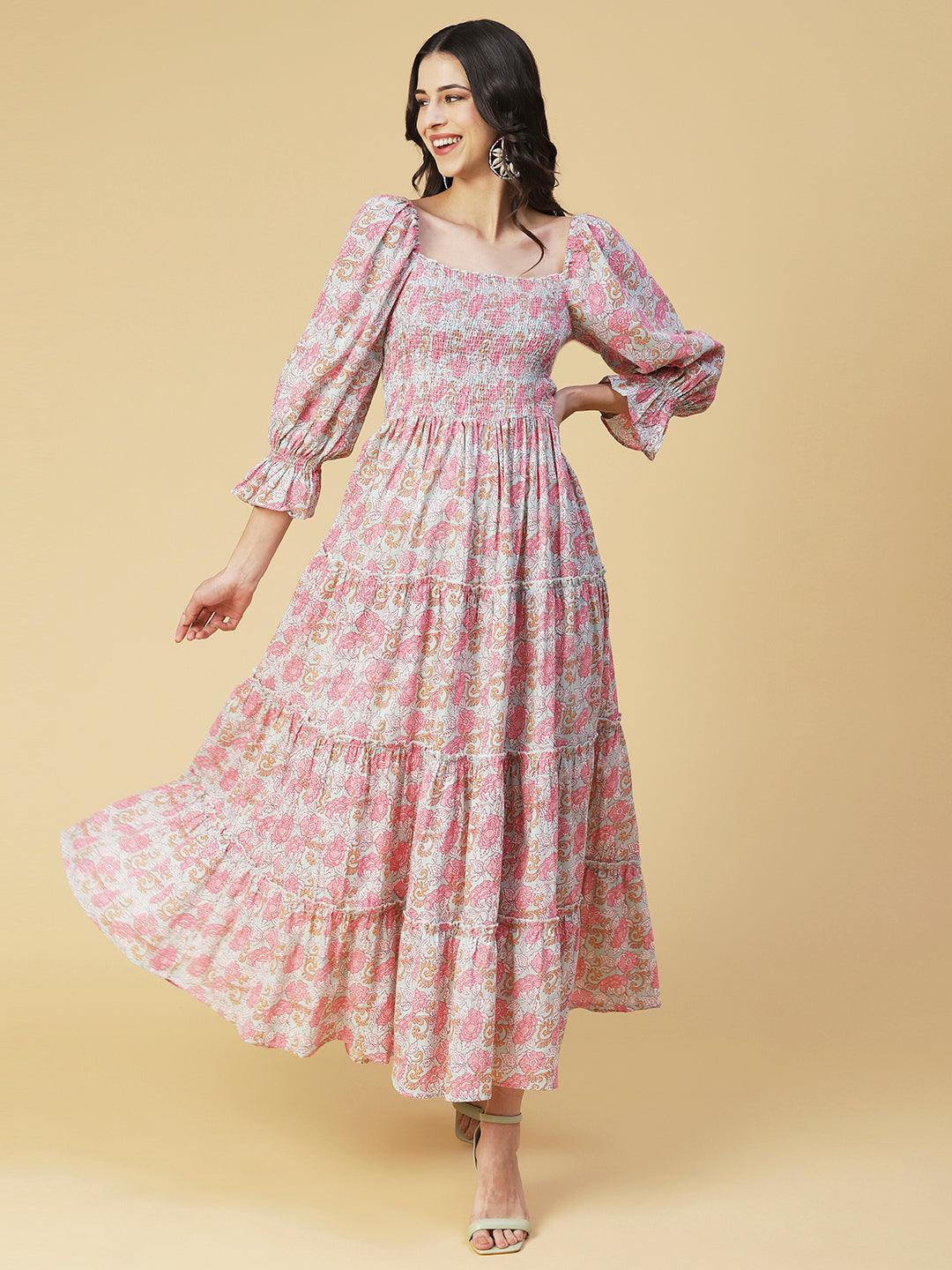 Floral Printed Smocked Bishop Sleeves Dress - Rose - Indiakreations