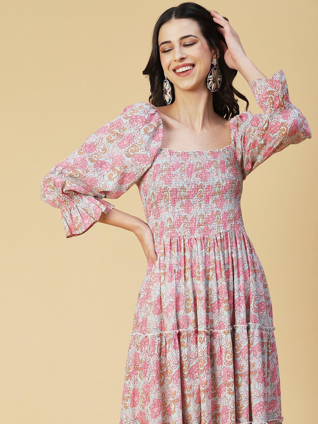 Floral Printed Smocked Bishop Sleeves Dress - Rose - Indiakreations