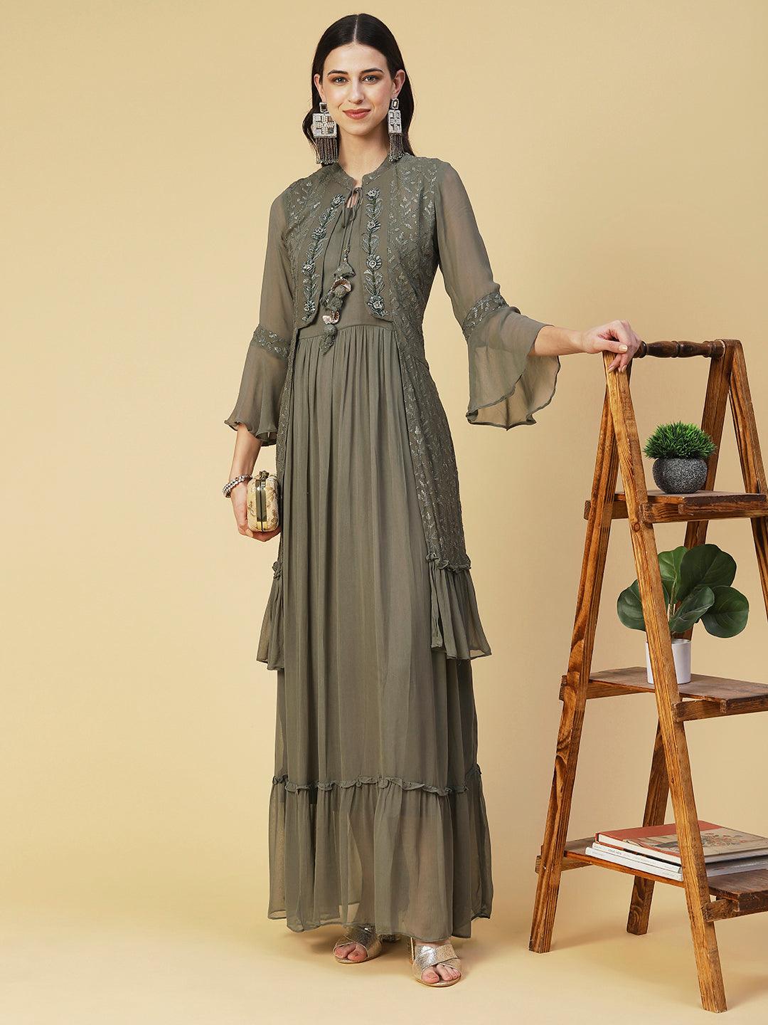 Solid Hand Embroidered Fit & Flare Maxi Dress - Khaki - Indiakreations