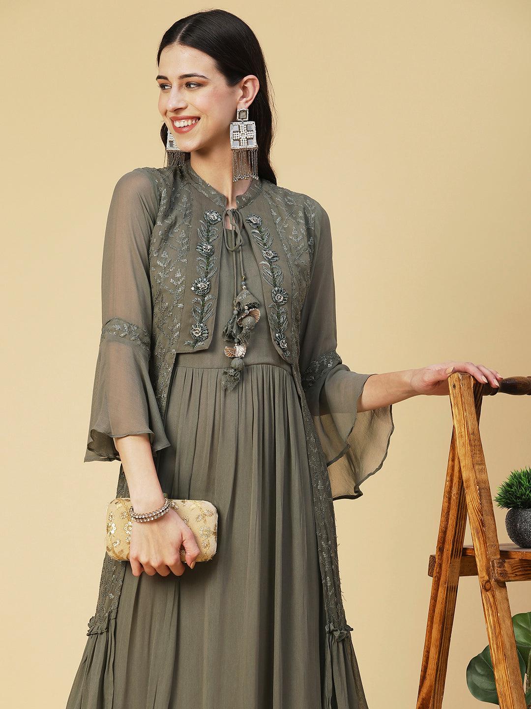 Solid Hand Embroidered Fit & Flare Maxi Dress - Khaki - Indiakreations