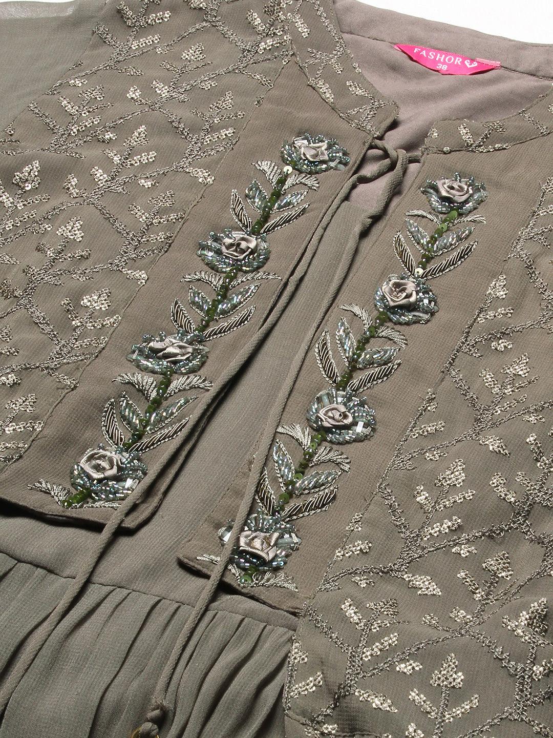 Solid Hand Embroidered Fit & Flare Maxi Dress - Khaki - Indiakreations