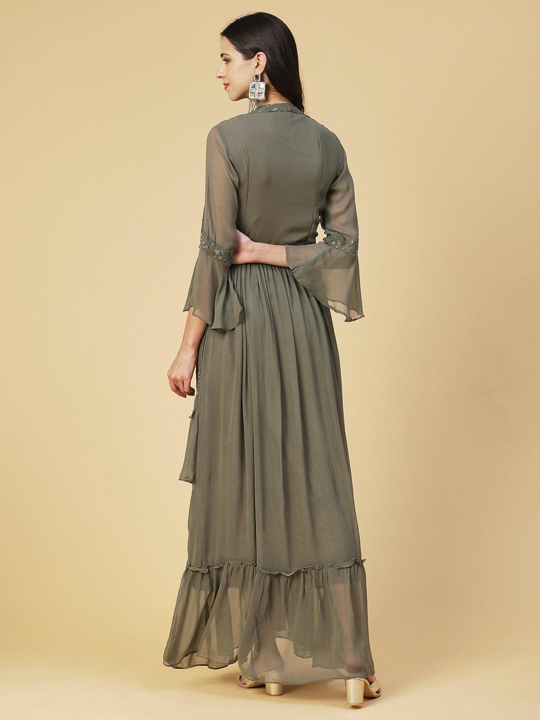 Solid Hand Embroidered Fit & Flare Maxi Dress - Khaki - Indiakreations