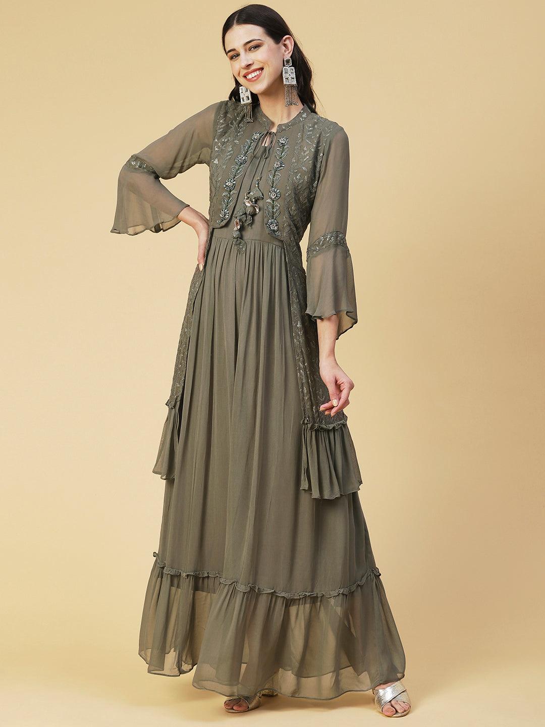 Solid Hand Embroidered Fit & Flare Maxi Dress - Khaki - Indiakreations