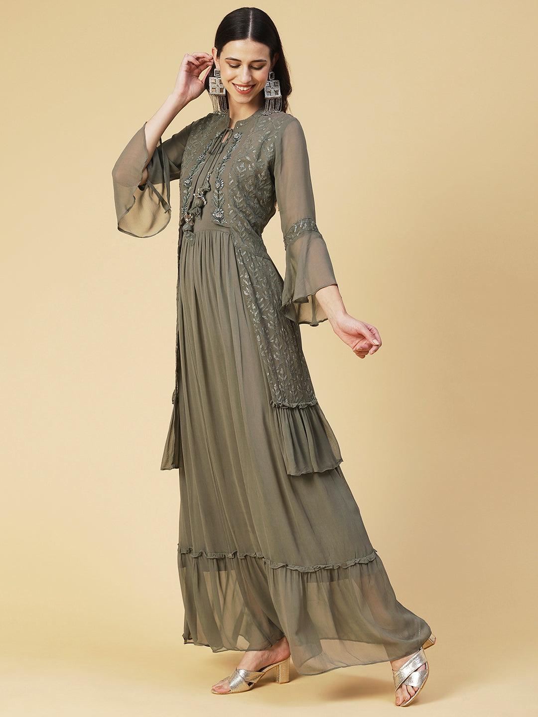 Solid Hand Embroidered Fit & Flare Maxi Dress - Khaki - Indiakreations