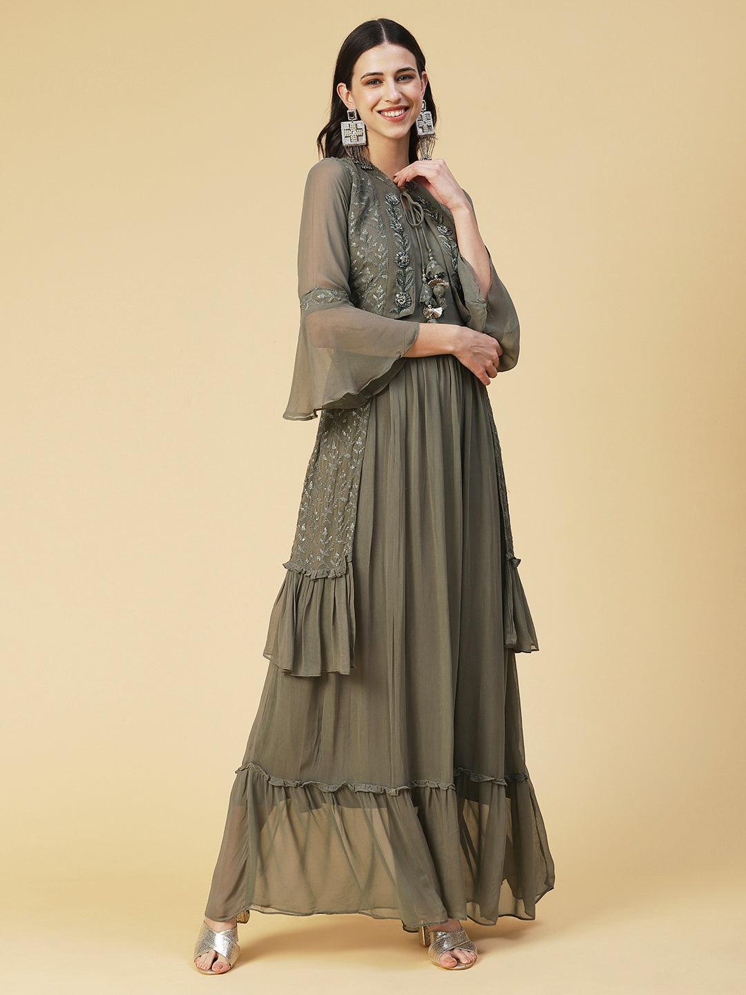 Solid Hand Embroidered Fit & Flare Maxi Dress - Khaki - Indiakreations