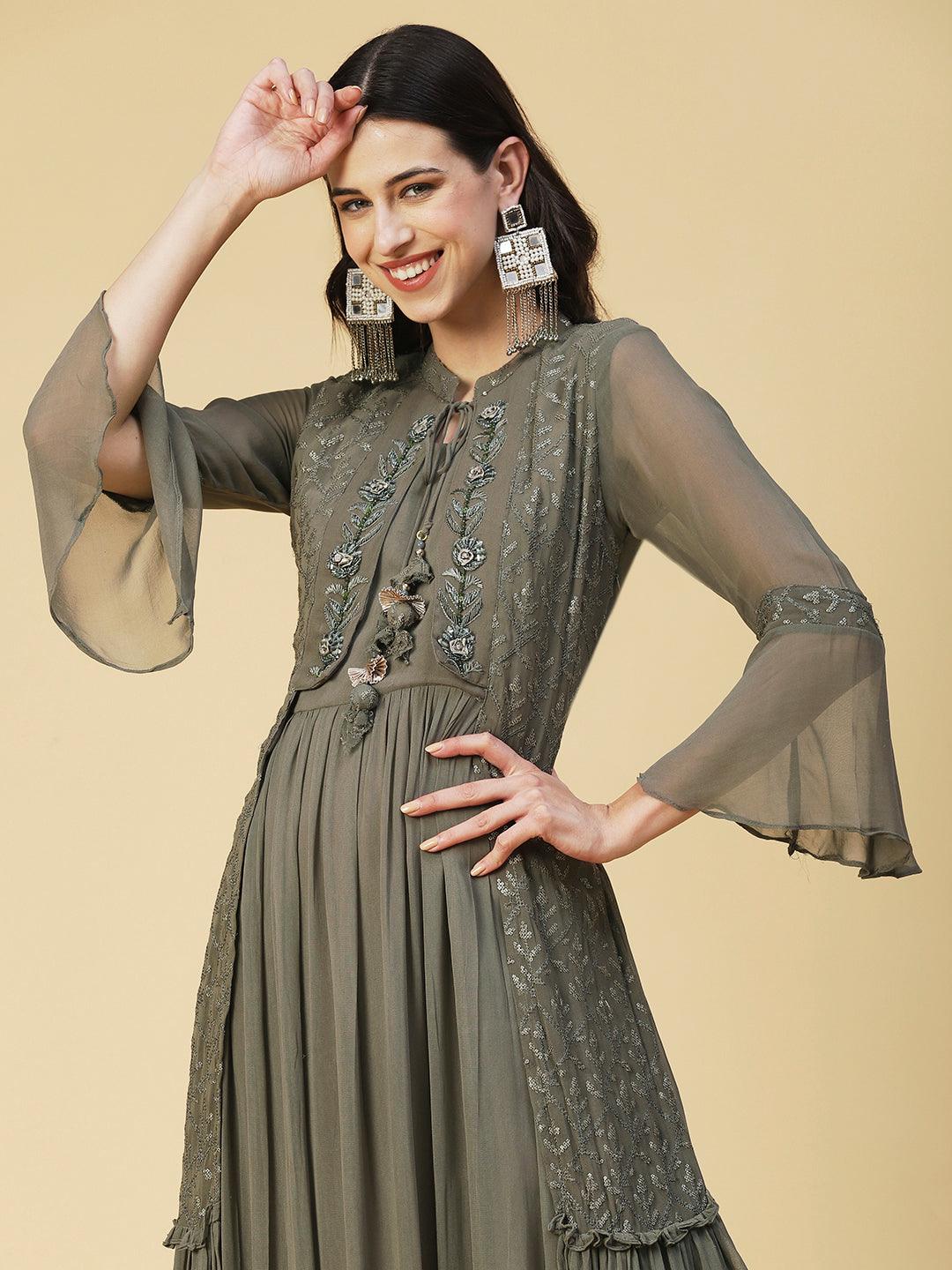 Solid Hand Embroidered Fit & Flare Maxi Dress - Khaki - Indiakreations