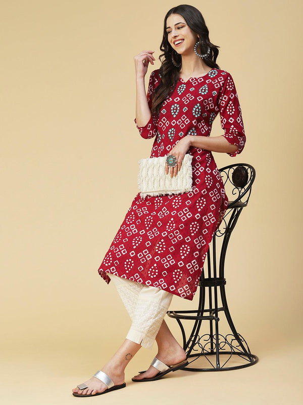 Bandhani Printed Mirror & Resham Embroidered Kurta - Red - Indiakreations