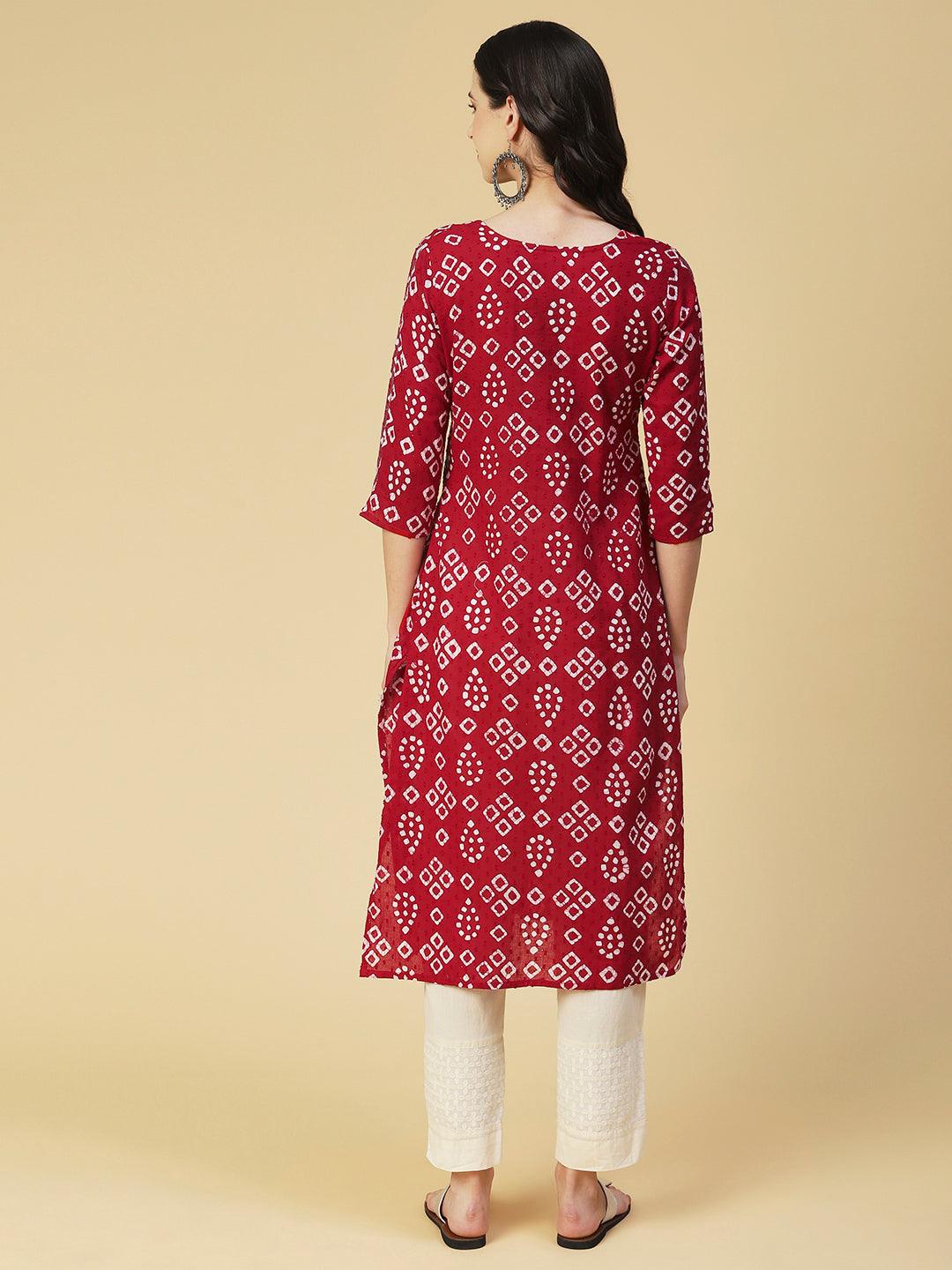 Bandhani Printed Mirror & Resham Embroidered Kurta - Red - Indiakreations