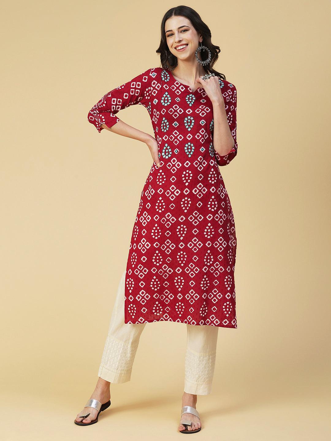 Bandhani Printed Mirror & Resham Embroidered Kurta - Red - Indiakreations