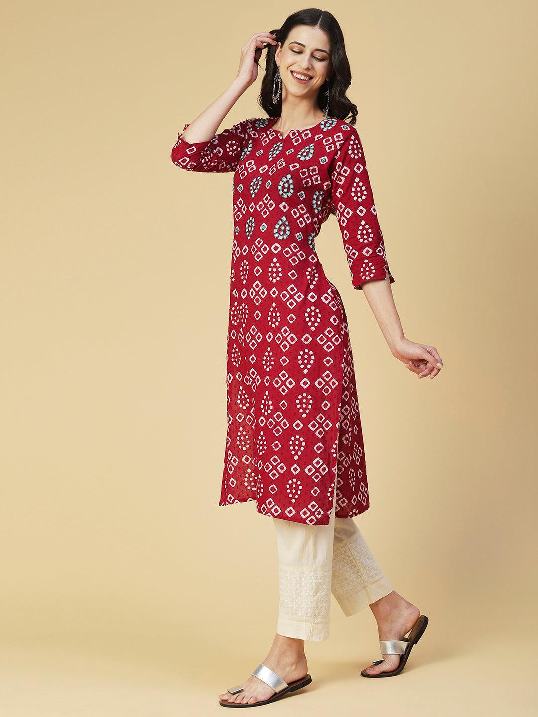 Bandhani Printed Mirror & Resham Embroidered Kurta - Red - Indiakreations