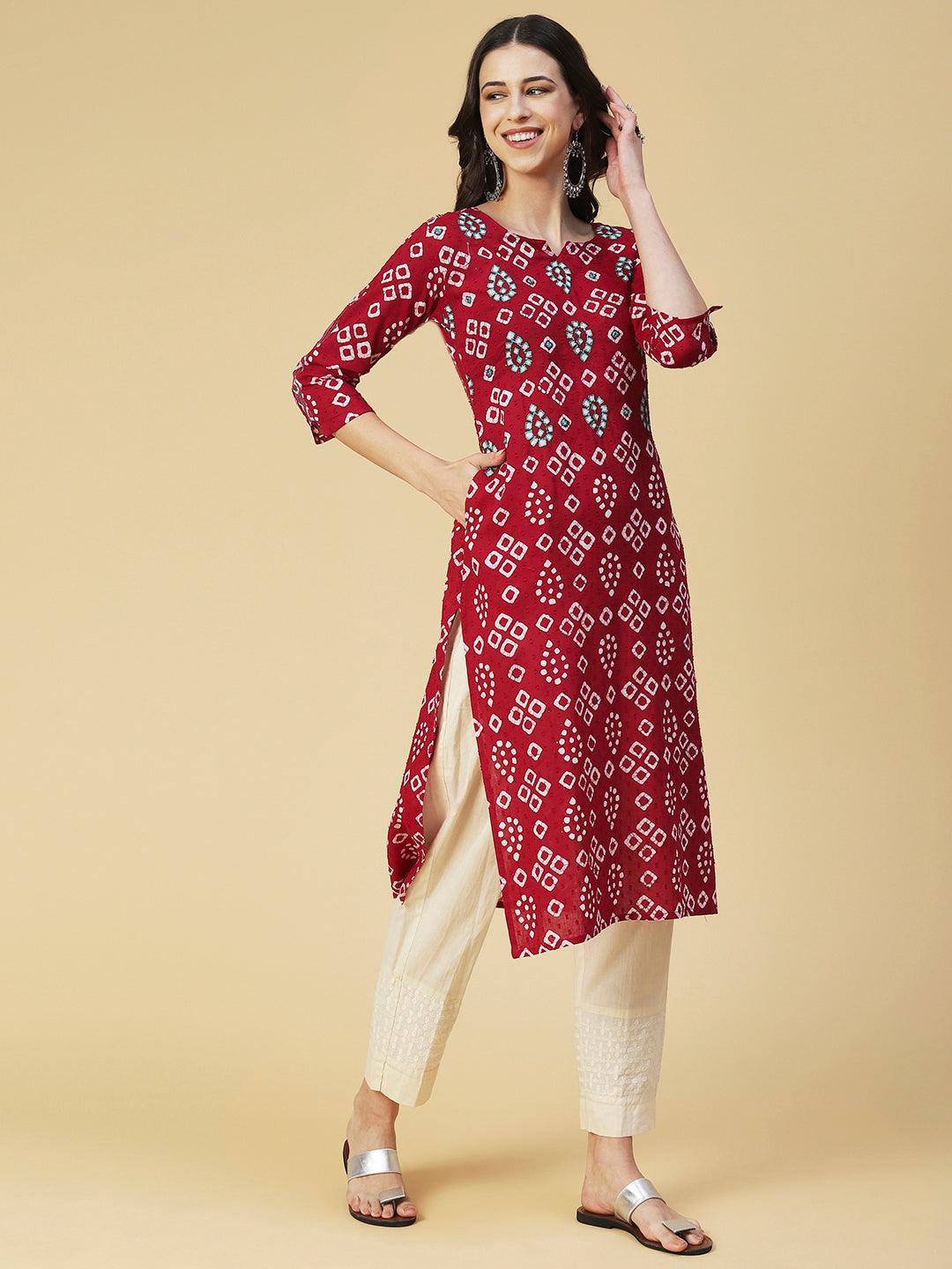 Bandhani Printed Mirror & Resham Embroidered Kurta - Red - Indiakreations