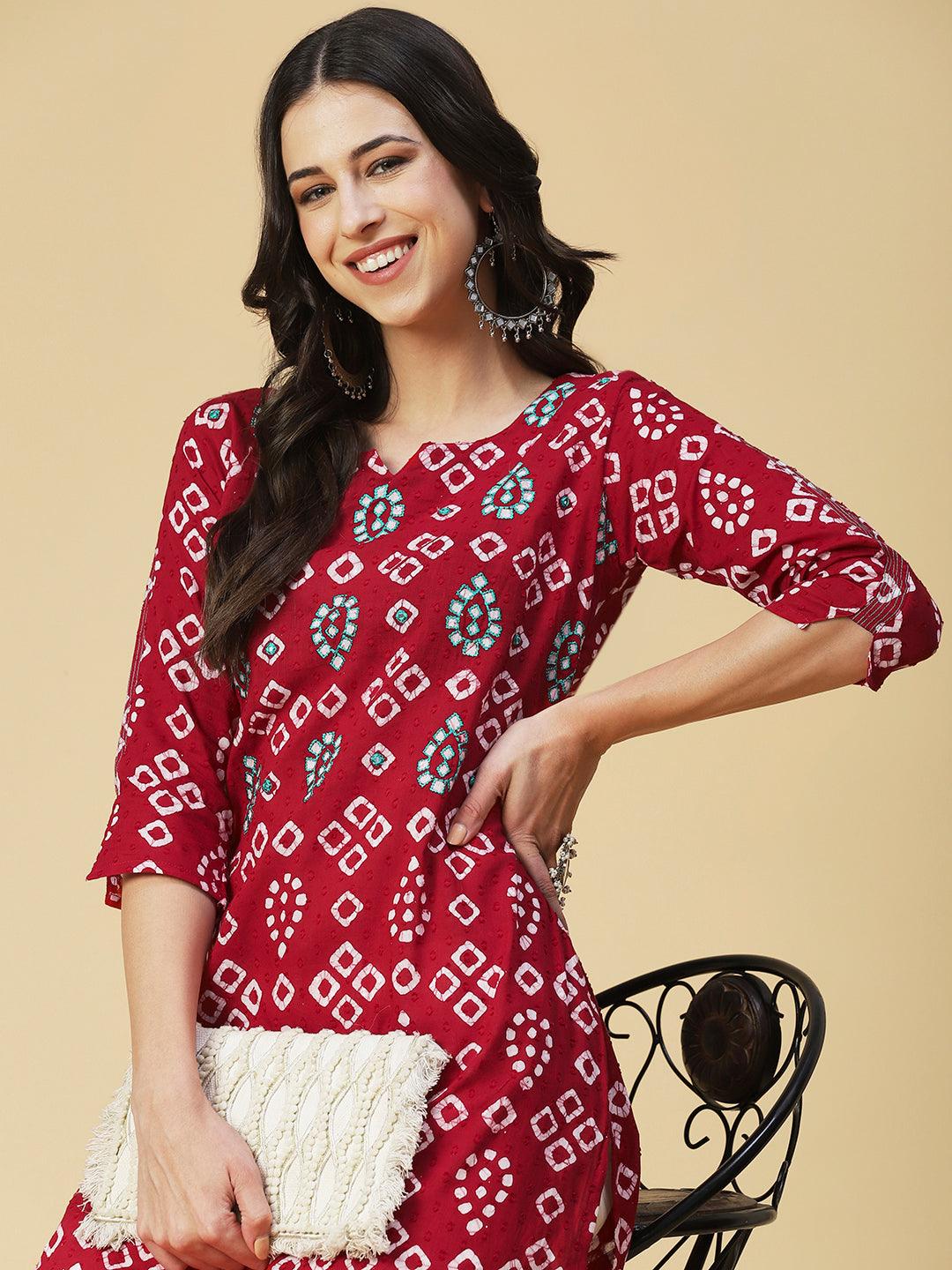 Bandhani Printed Mirror & Resham Embroidered Kurta - Red - Indiakreations